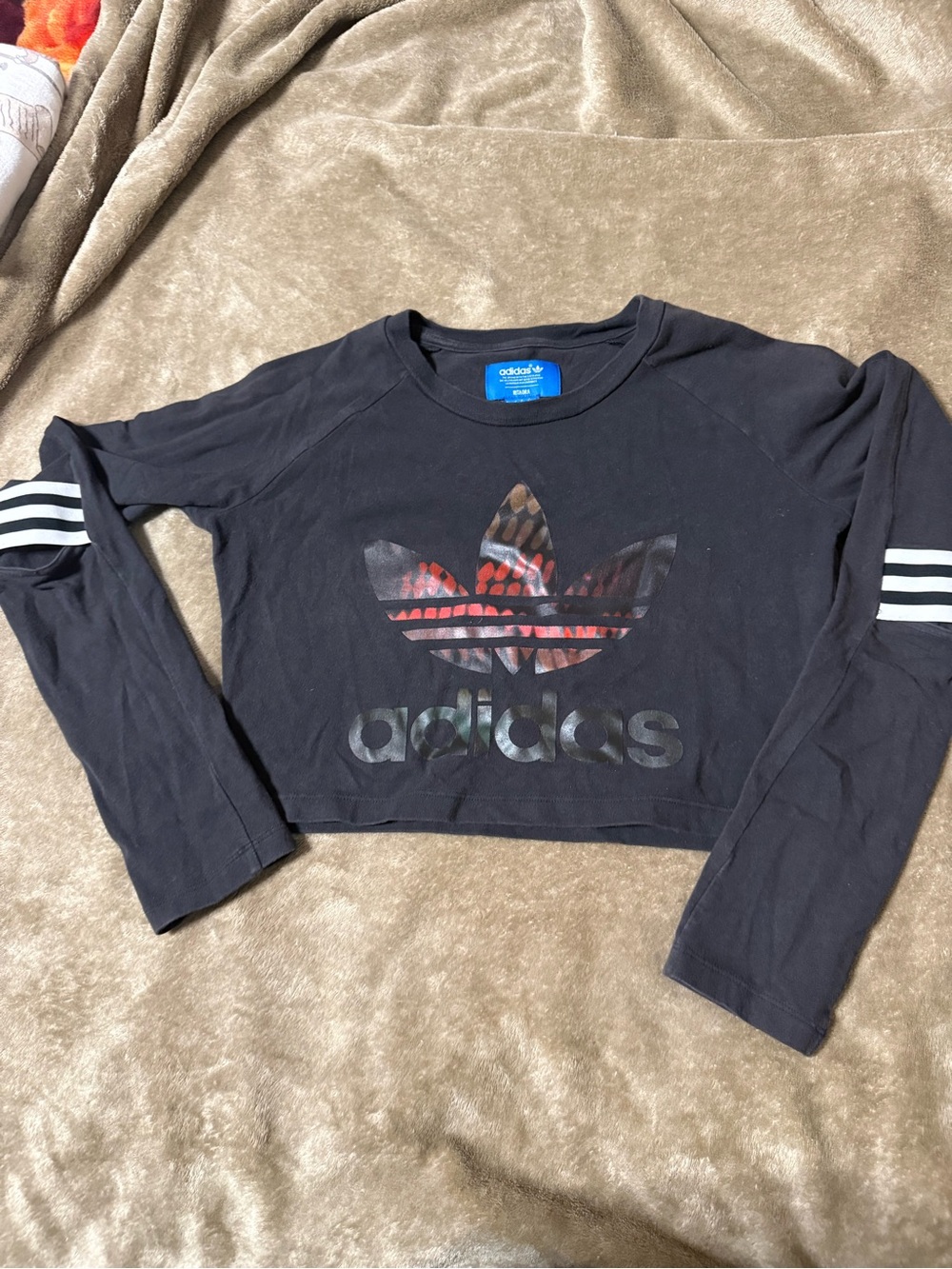 adidas Black Long-Sleeve Cropped Trefoil Top with Multicolor Print